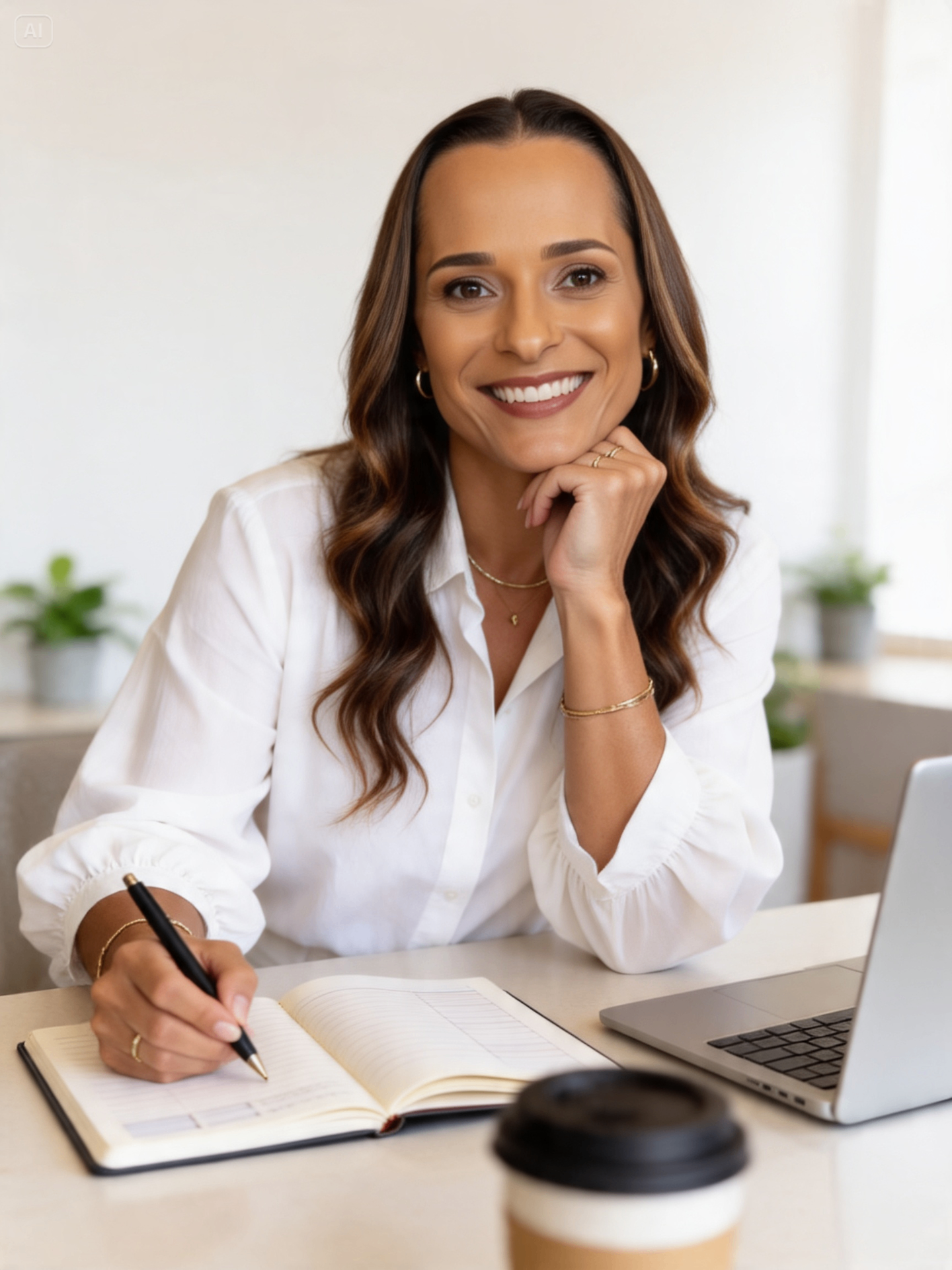 Carol Costa em atendimento, camisa branca, laptop e caderno