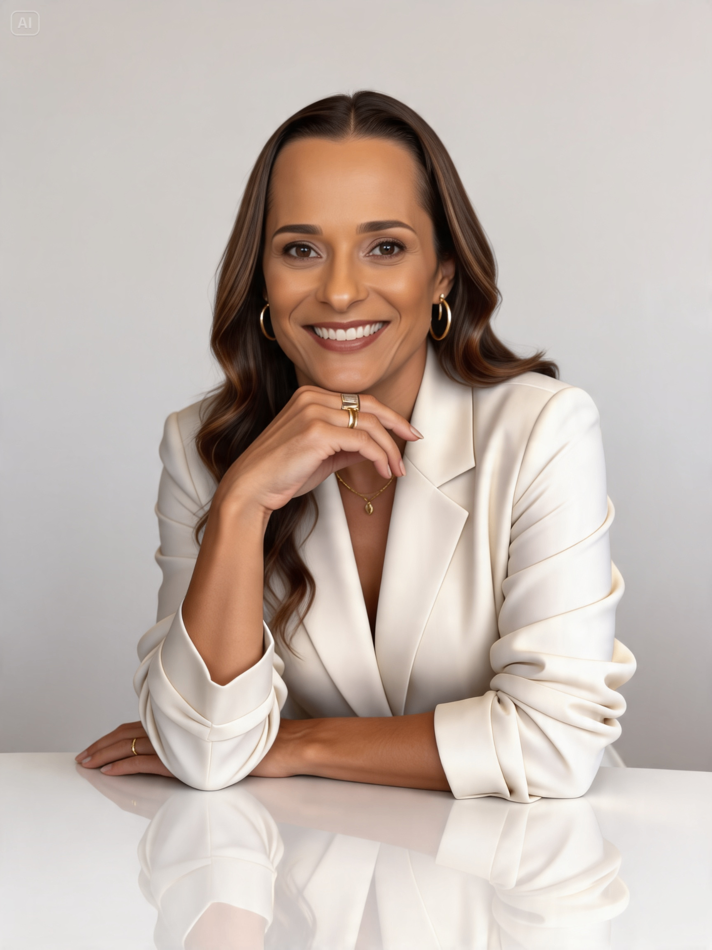 Retrato de Carol Costa, psicóloga, com blazer creme